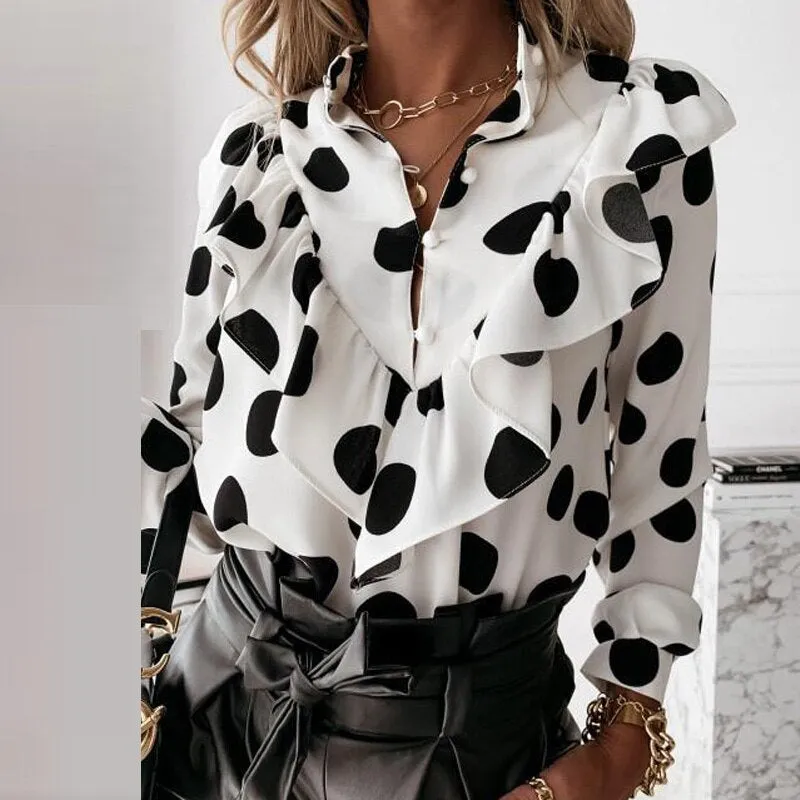 Joskaa Ladies Polka Dot Print Ruffle Blouse Shirt 2020 Autumn Winter Long Sleeve V-Neck Shirts Tops Elegant Office Women Button Blusas