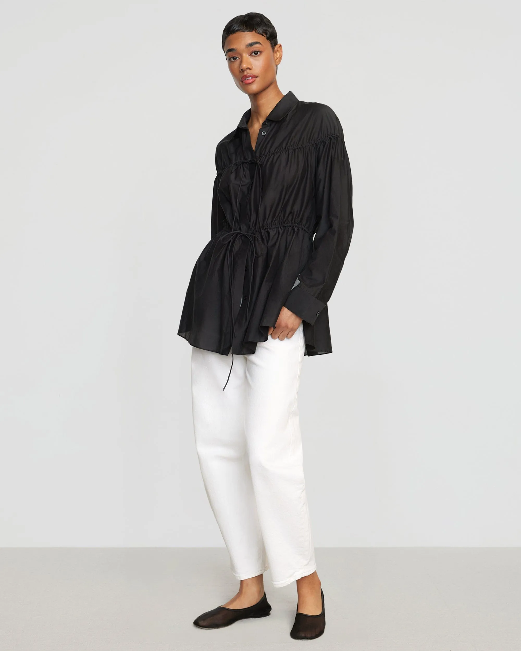 Kia Tie-Front Cotton-Silk Tunic Blouse