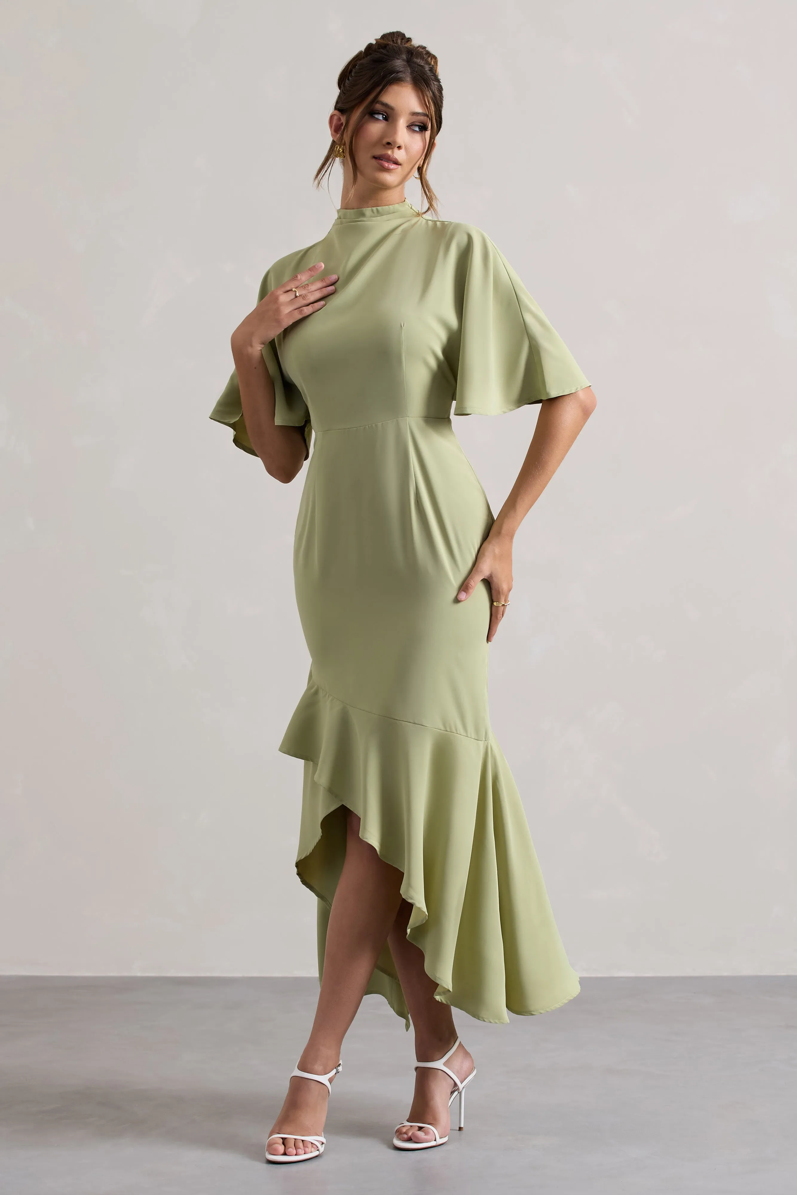 Lavinia | Sage High-Neck Flutter-Sleeve Asymmetric Maxi Dress