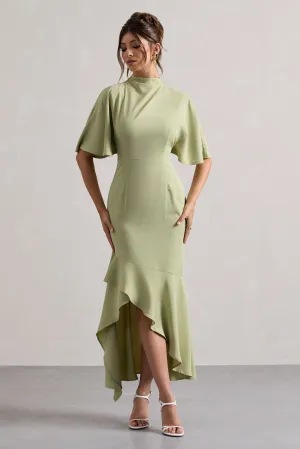 Lavinia | Sage High-Neck Flutter-Sleeve Asymmetric Maxi Dress