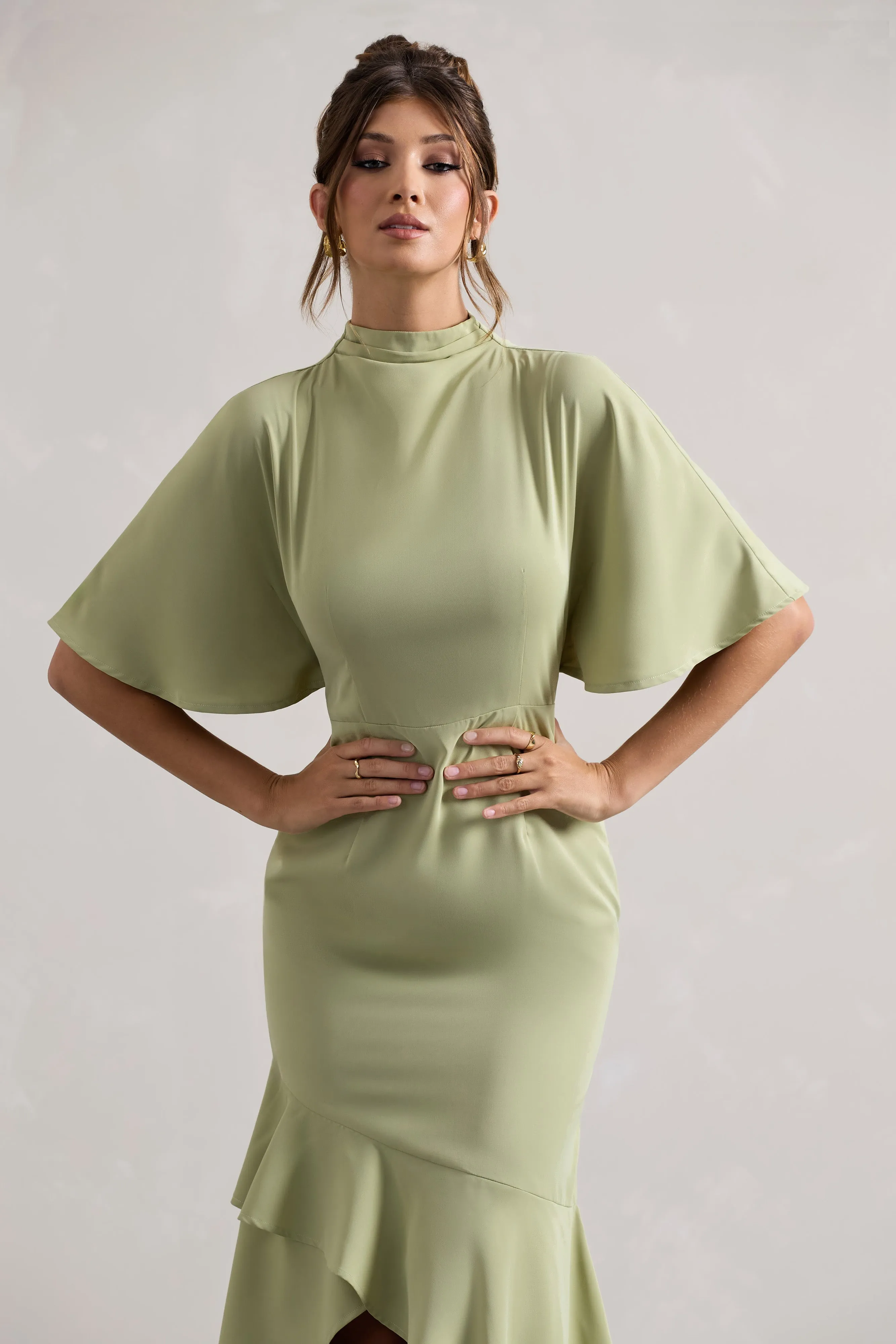 Lavinia | Sage High-Neck Flutter-Sleeve Asymmetric Maxi Dress