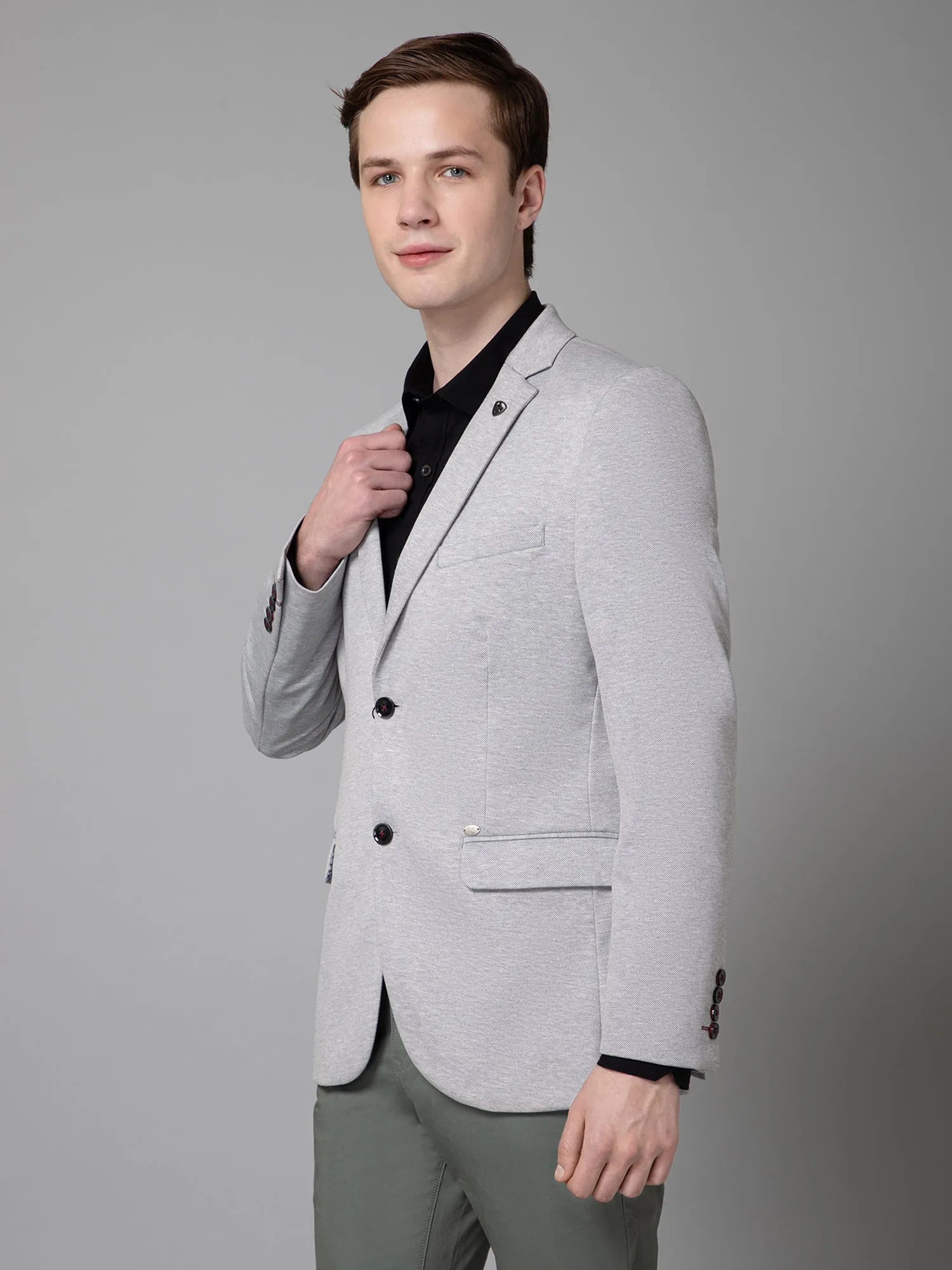 Light Grey Self Design Full Sleeves Casual Blazer For Men