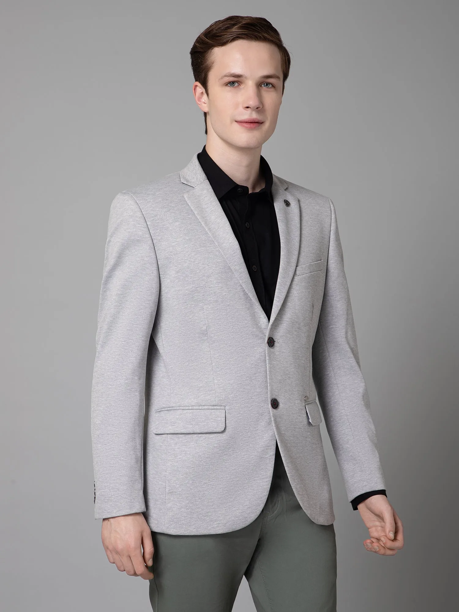 Light Grey Self Design Full Sleeves Casual Blazer For Men