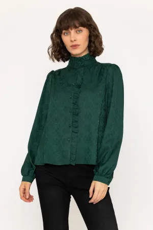 Long Sleeve Jacquard Satin Blouse in Green