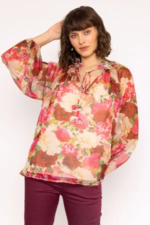 Long Sleeve Neckline Flower Detail Blouse in Pink