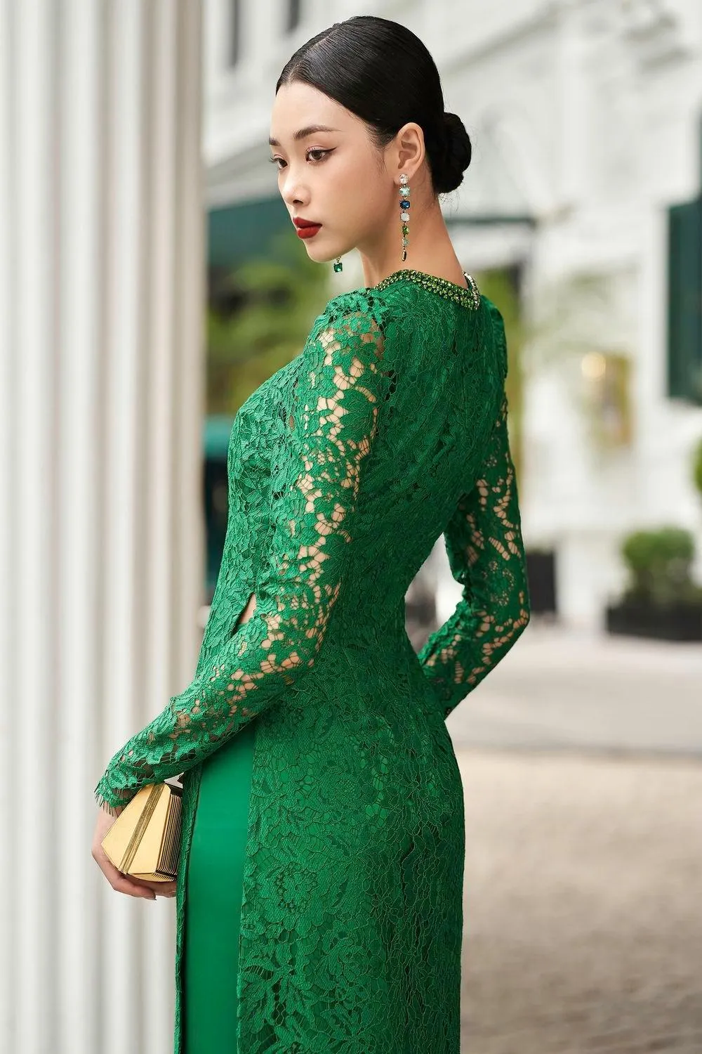 Lumina Straight Stone Silk Lace Floor Length Ao Dai