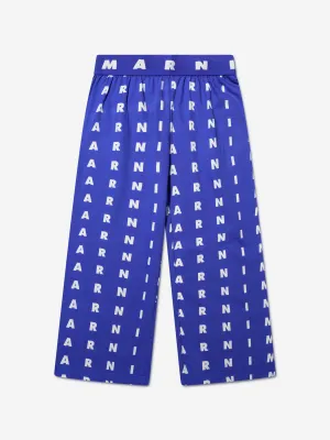 MARNI Girls Logo Print Trousers in Blue