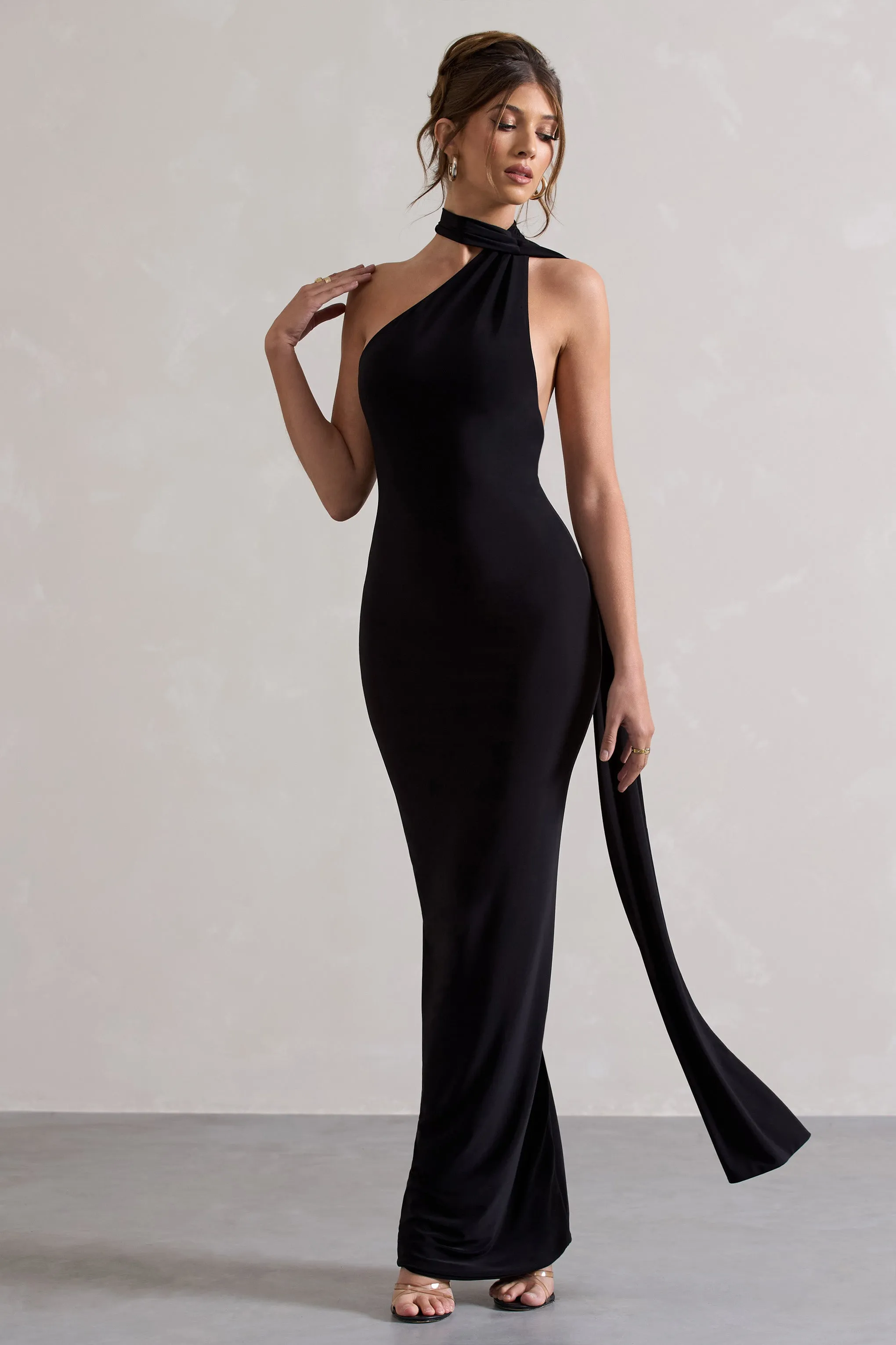 Miss | Black One Shoulder Backless Maxi Dress With Scarf