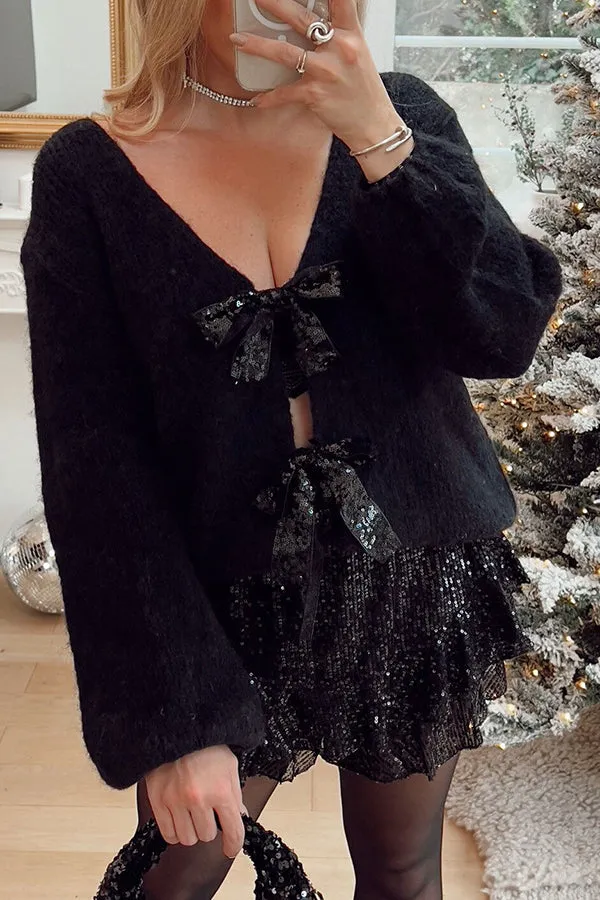 Misty Starlight Tie Front Sequin Bow Loose Sweater