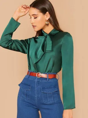 Mock Neck Draped Front Satin Blouse