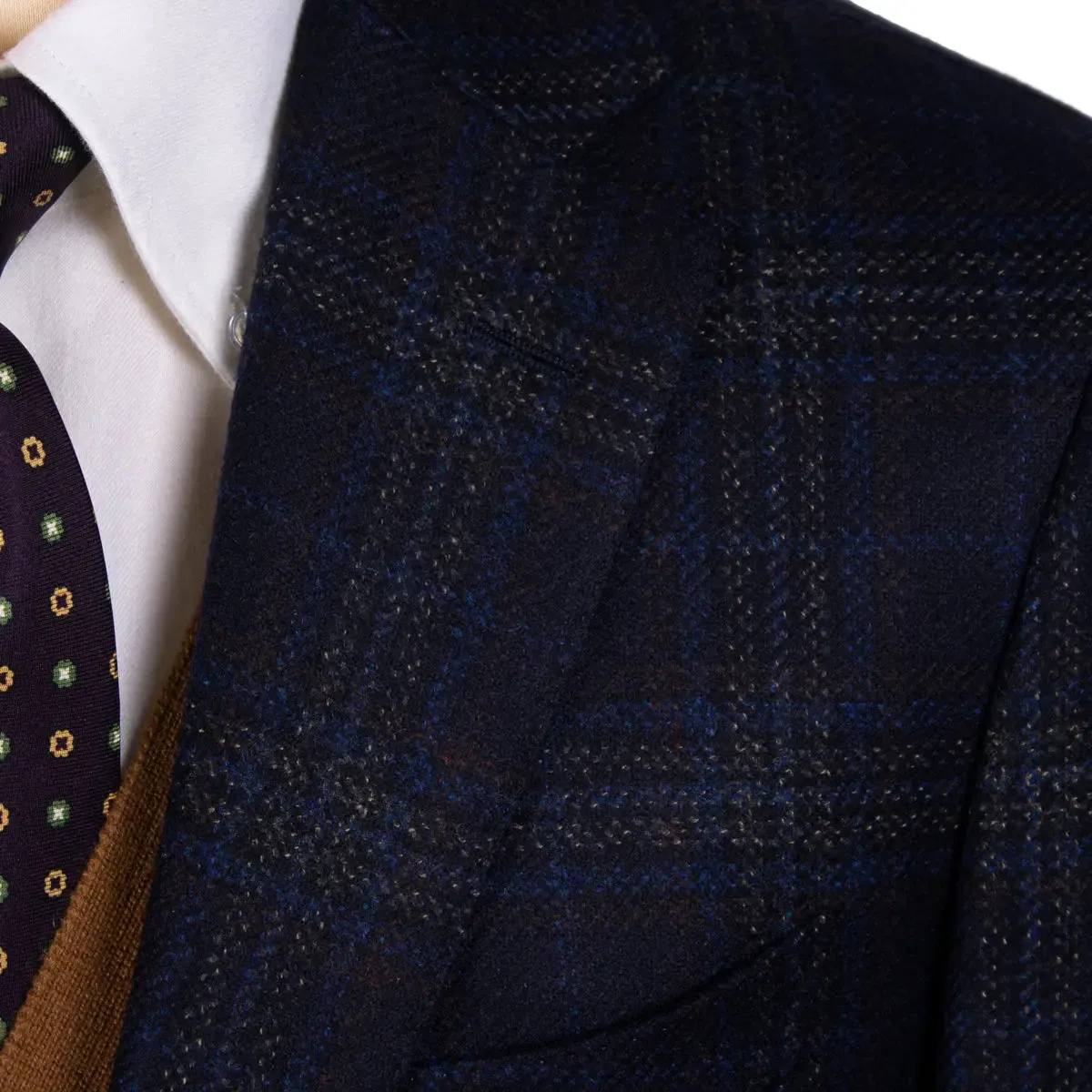 Navy Blue & Brown Check Wool & Cashmere Jacket