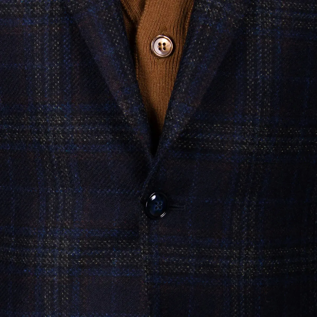 Navy Blue & Brown Check Wool & Cashmere Jacket