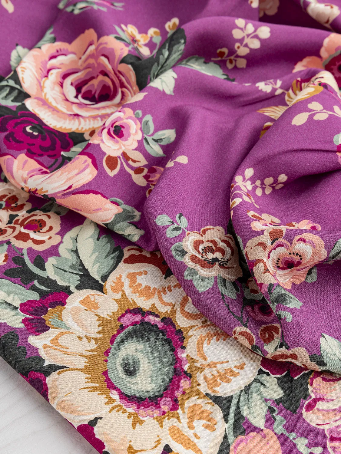 Nostalgic Peony Viscose Floral Print - Purple   Green   Cream - Swatch