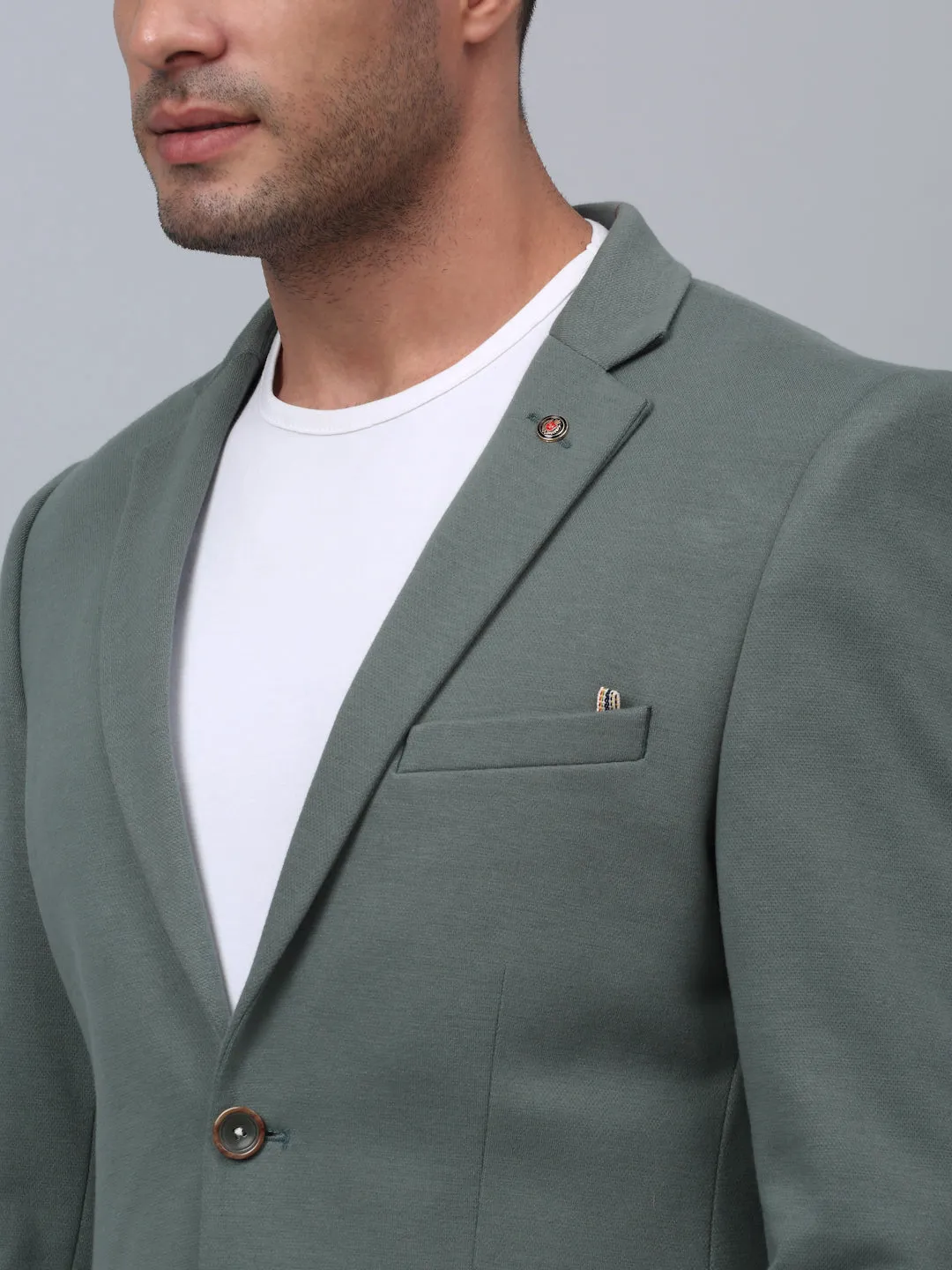 Olive Green Solid Full Sleeves Casual Blazer For Men