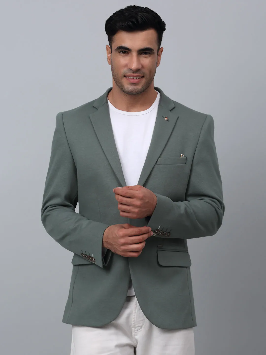 Olive Green Solid Full Sleeves Casual Blazer For Men