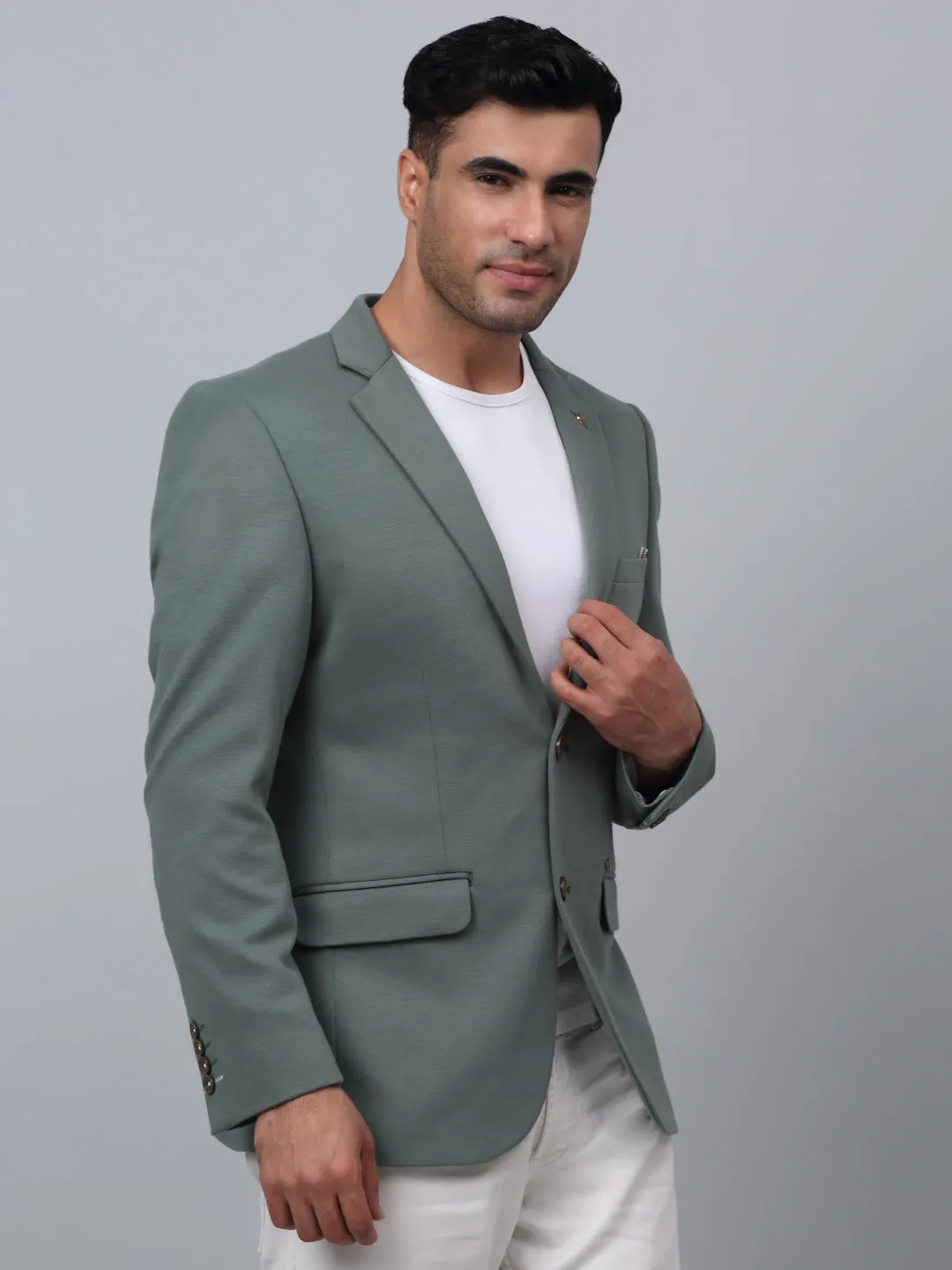 Olive Green Solid Full Sleeves Casual Blazer For Men