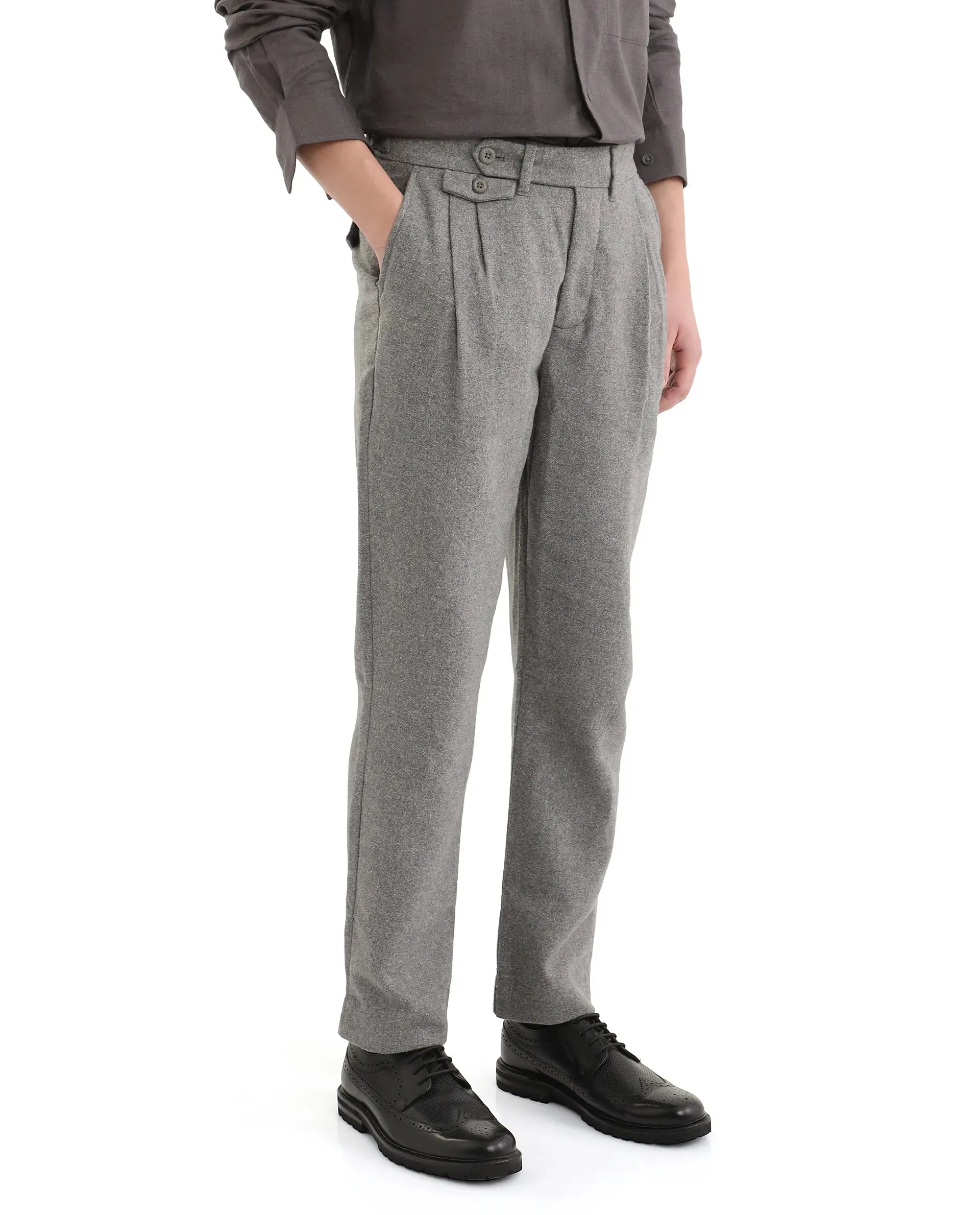 Rare Rabbit Men's Kaino Dark Grey Felt Fabric Button Closure Pleated Front Regular Fit Textured Trouser