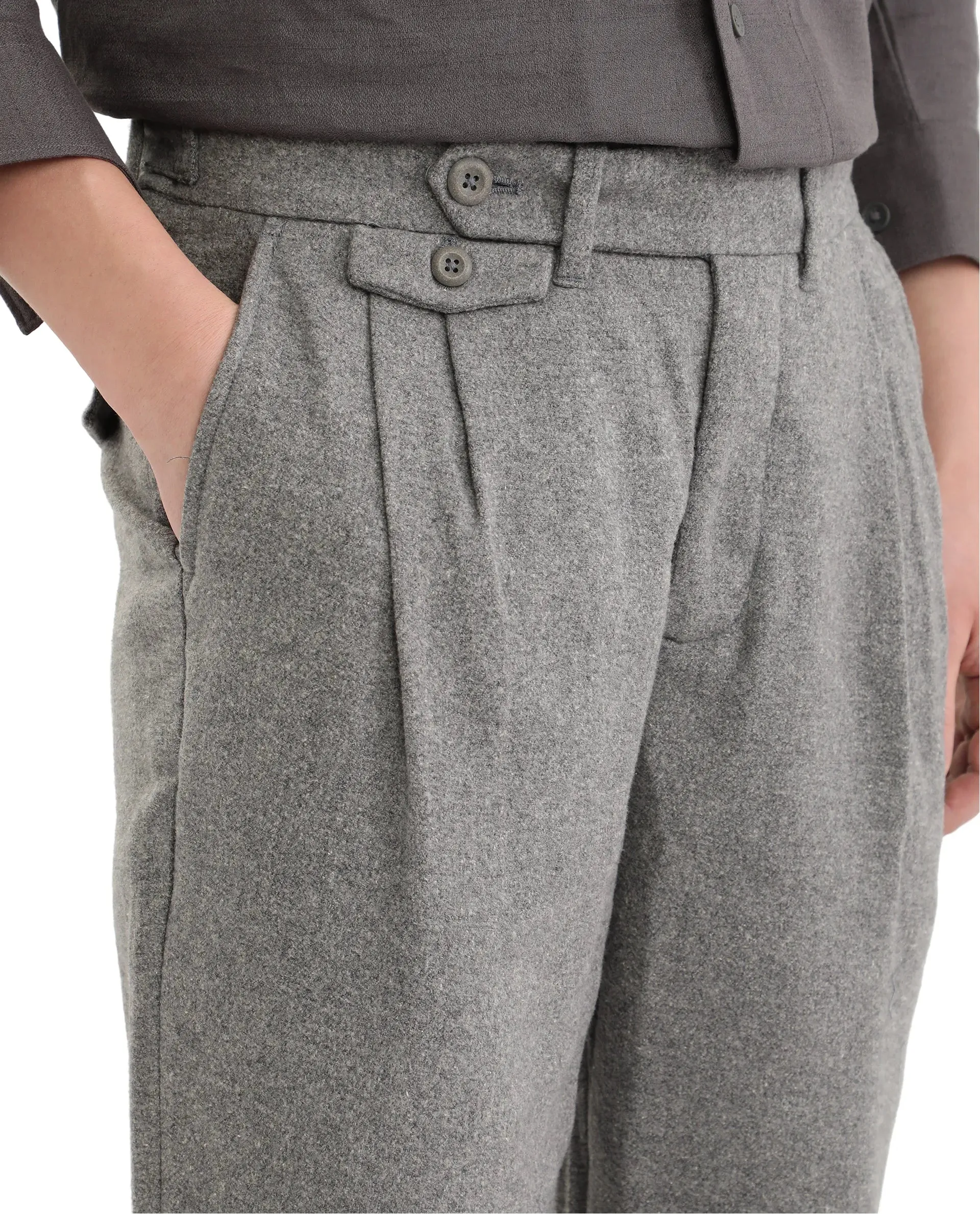 Rare Rabbit Men's Kaino Dark Grey Felt Fabric Button Closure Pleated Front Regular Fit Textured Trouser