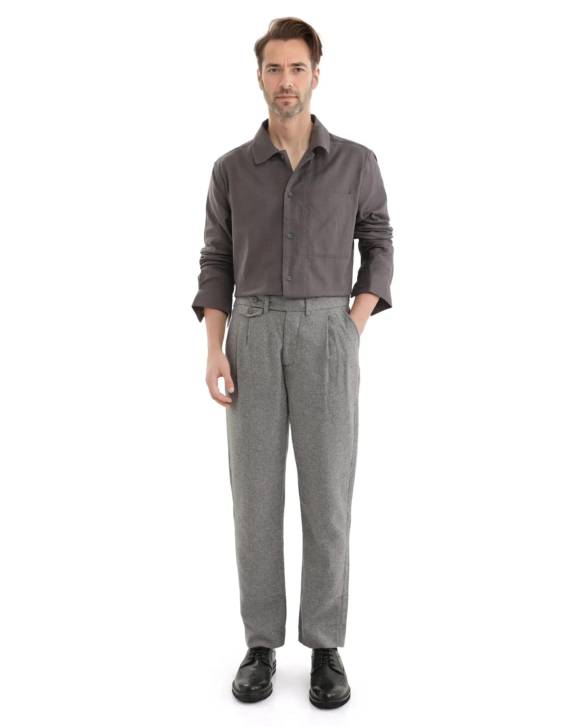 Rare Rabbit Men's Kaino Dark Grey Felt Fabric Button Closure Pleated Front Regular Fit Textured Trouser