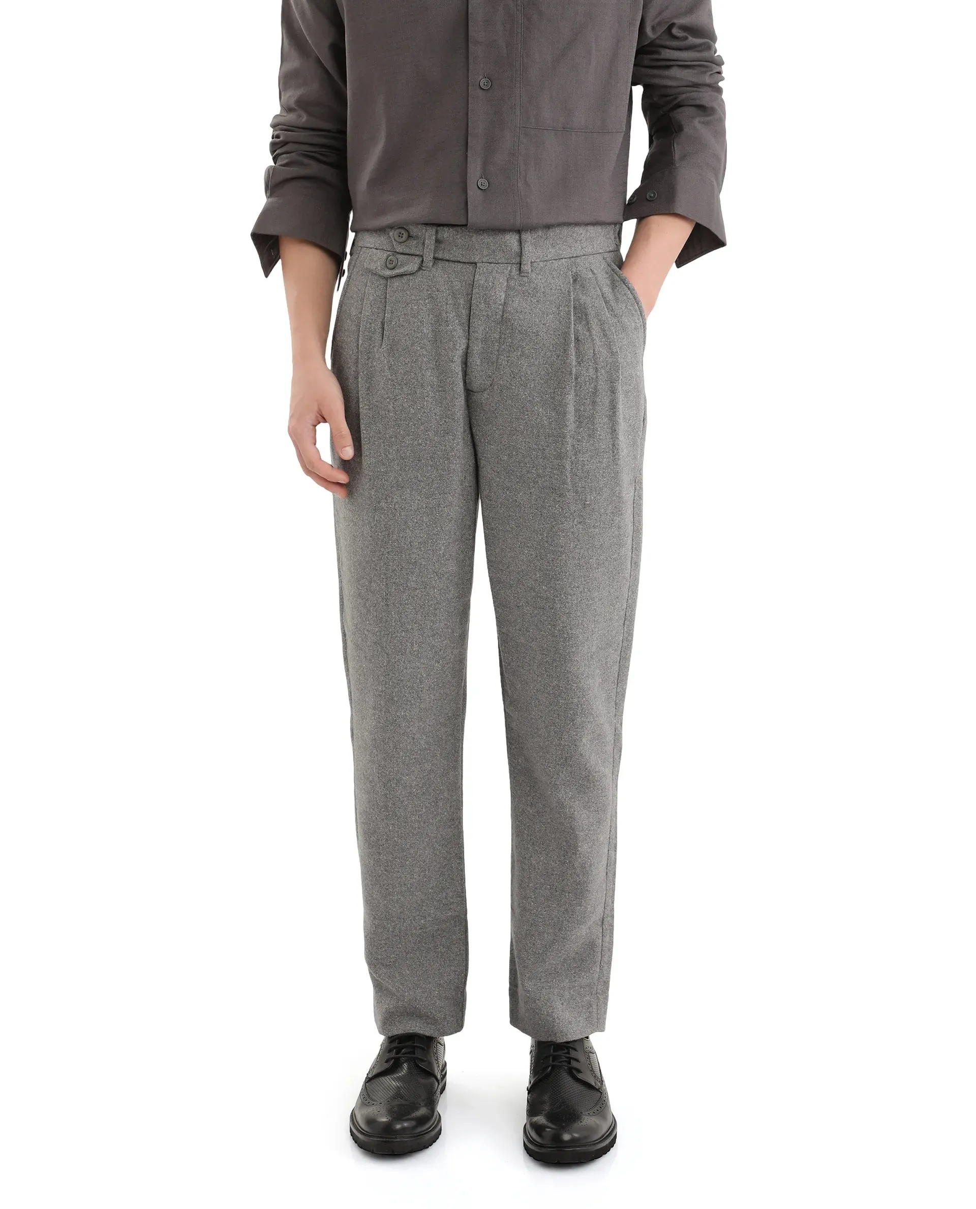 Rare Rabbit Men's Kaino Dark Grey Felt Fabric Button Closure Pleated Front Regular Fit Textured Trouser