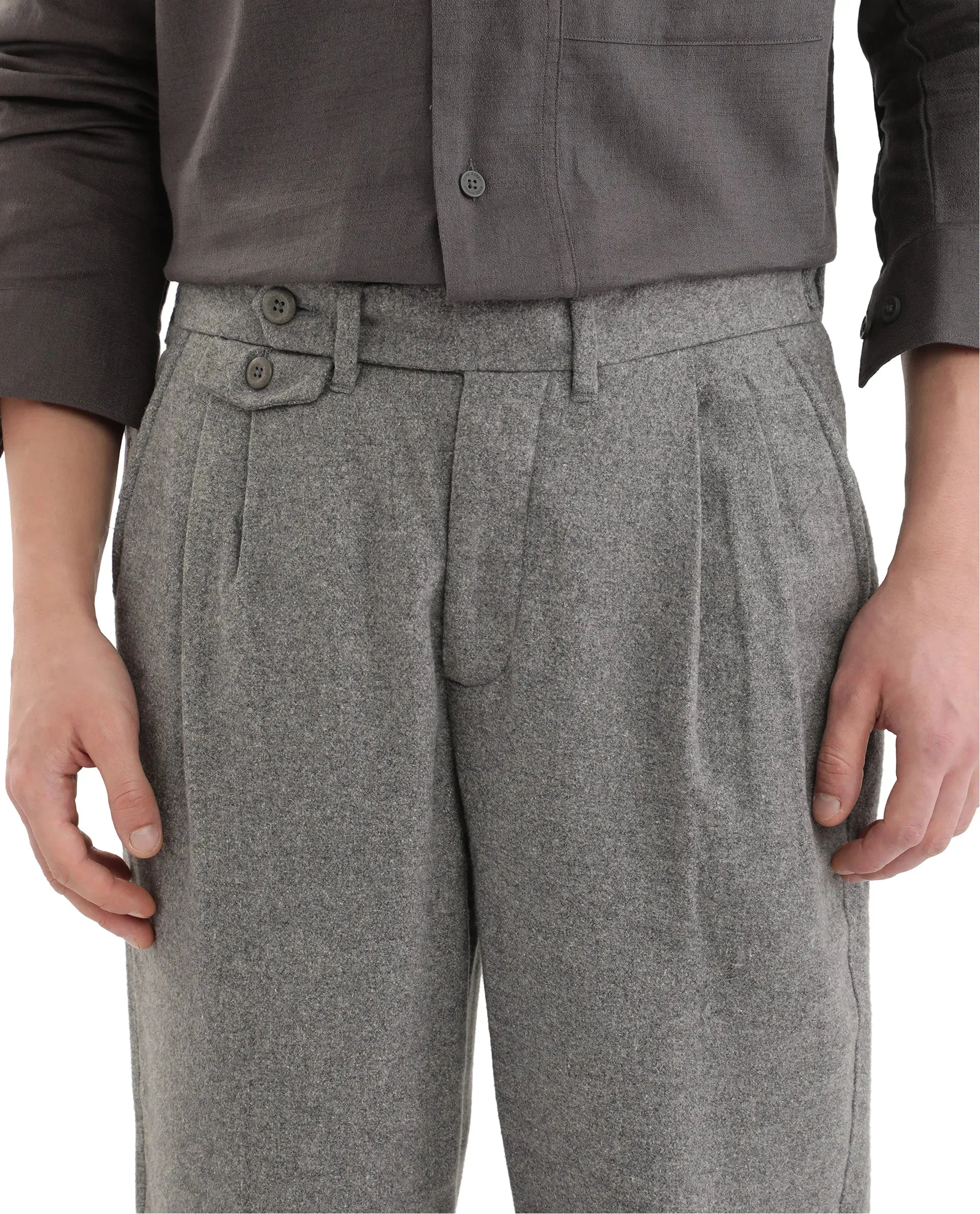 Rare Rabbit Men's Kaino Dark Grey Felt Fabric Button Closure Pleated Front Regular Fit Textured Trouser