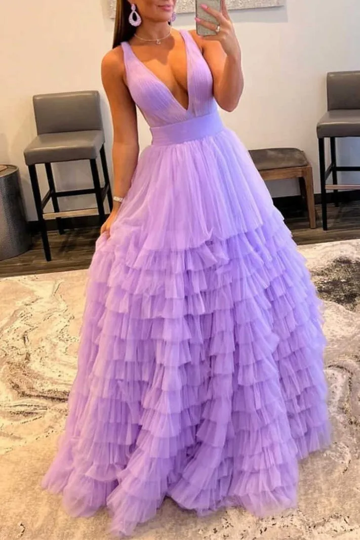 Reese |A-line Orange V-Neck Tulle Long Prom Dress