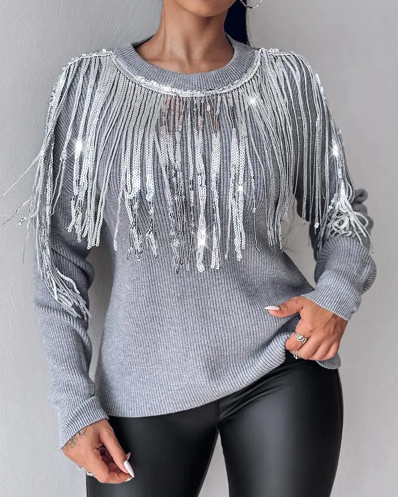 Round Neck Long Sleeve Sequin Tassel Design Knit Sweater