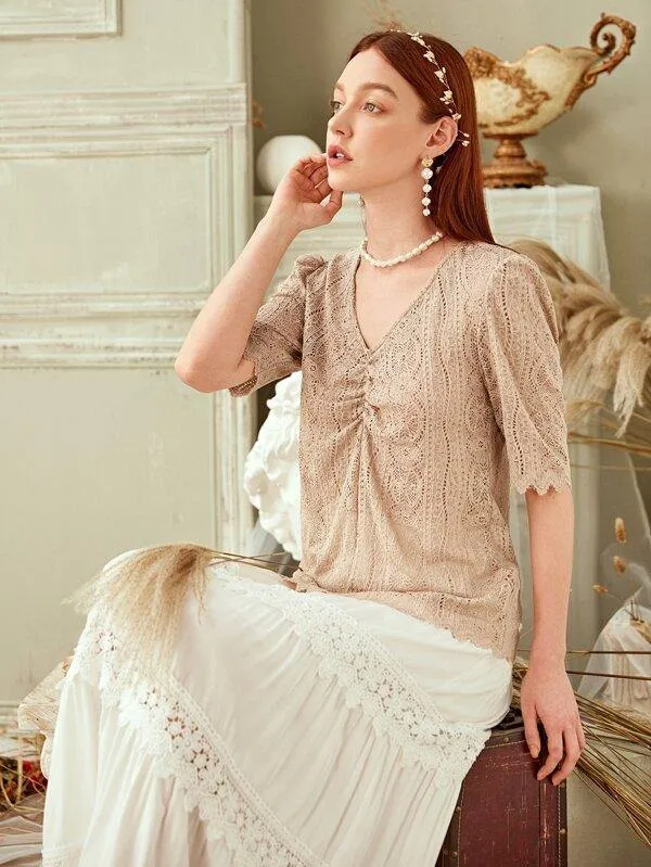 Ruched Front Solid Lace Top