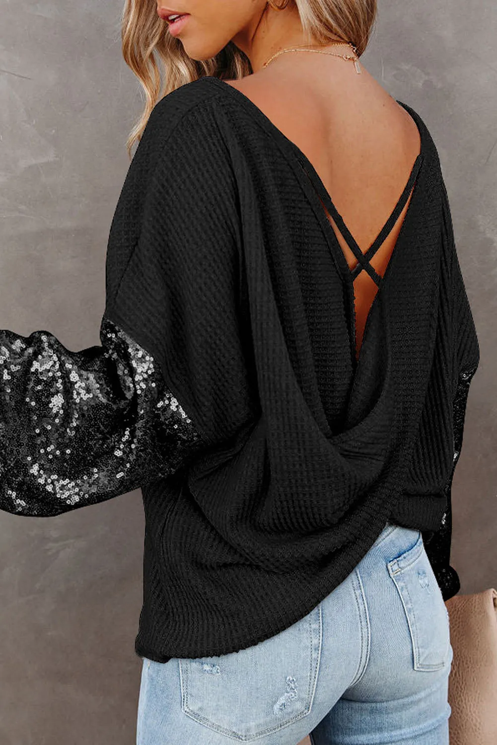 Sequin Patchwork Sleeve Open Back Waffle Knit Top