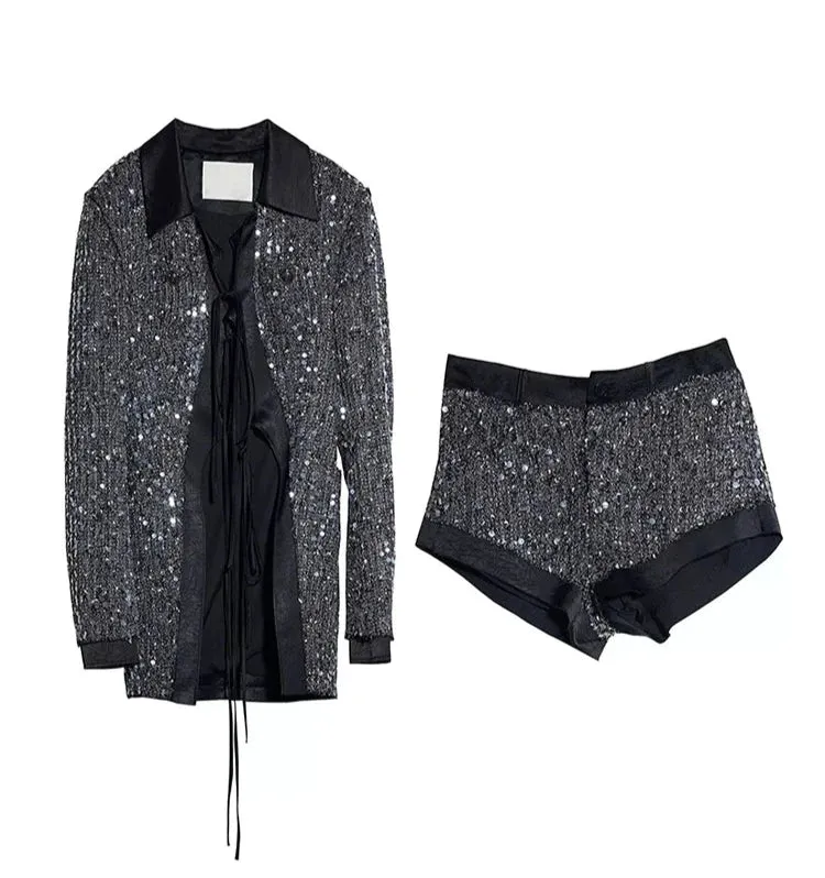 Sequins V Neck Long Sleeve Patchwork Lace Up Top High Waist Shorts Set