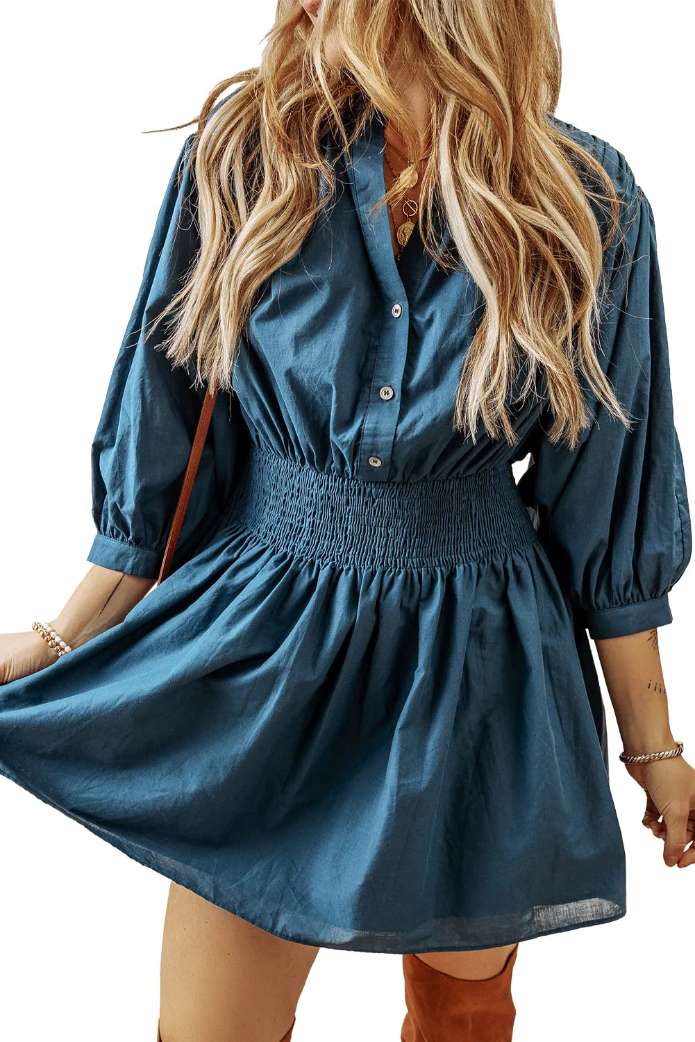 Shirred High Waist Buttoned Mini Dress