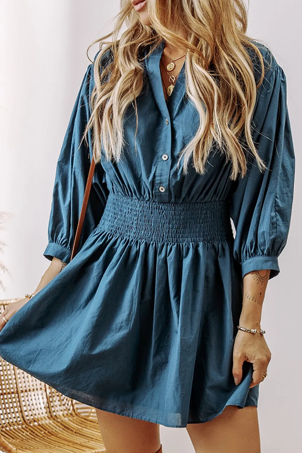 Shirred High Waist Buttoned Mini Dress