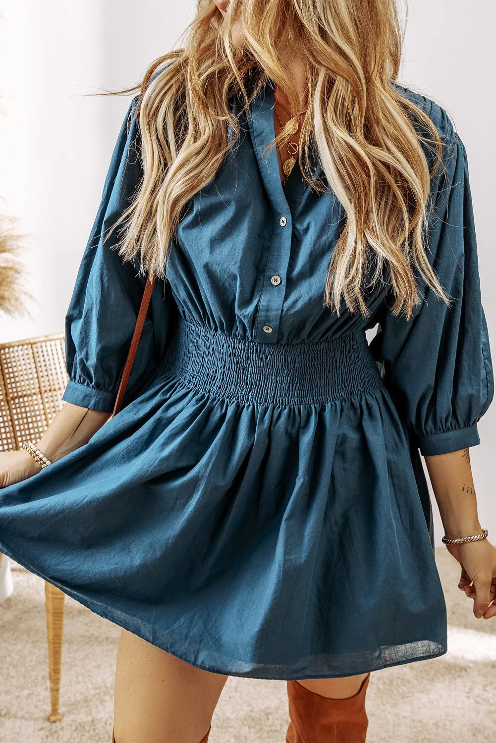 Shirred High Waist Buttoned Mini Dress