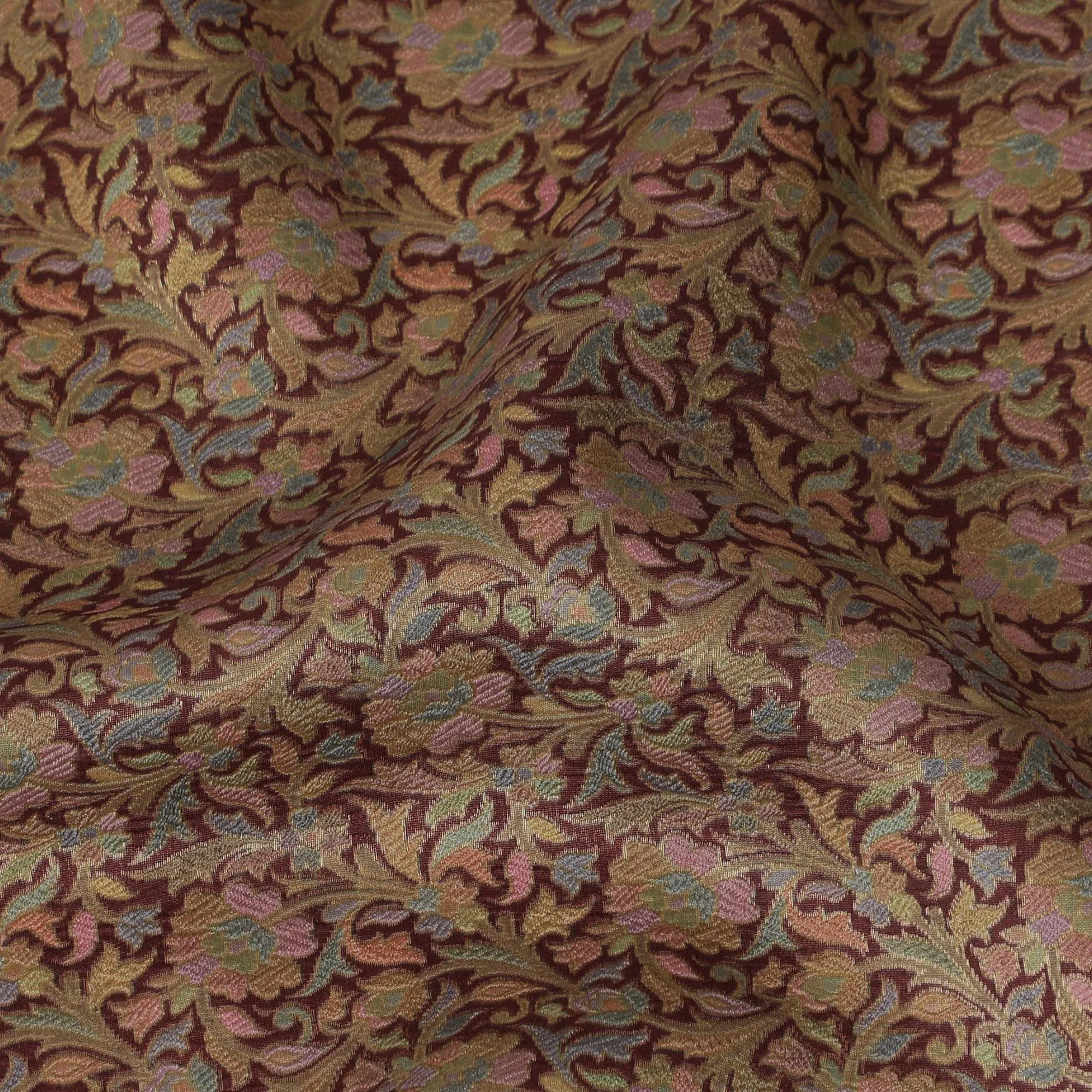 Silk Brocade Fabric with Brown and Gold Floral Design, 110 cm Width, Indian Origin-D19750