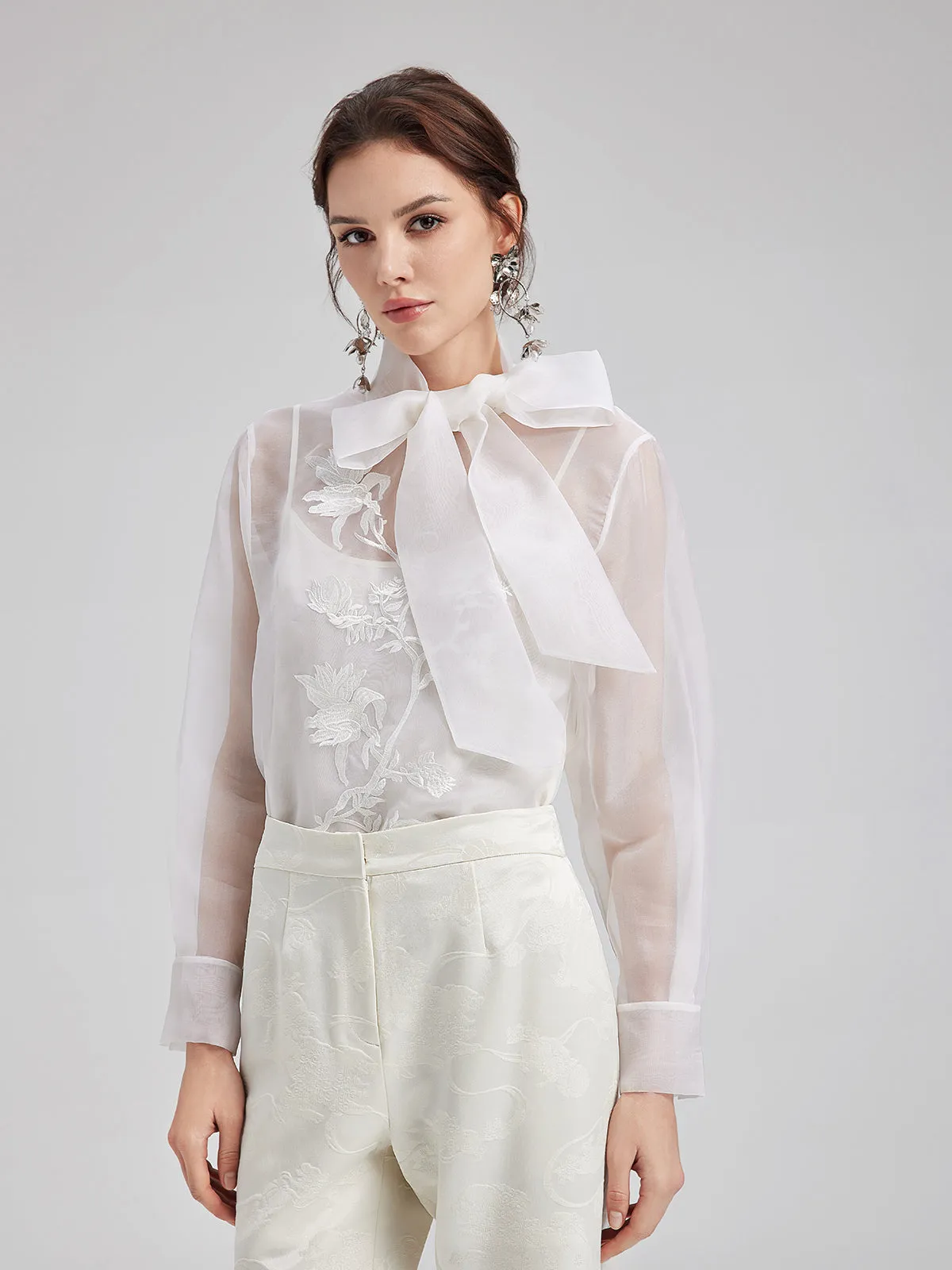 Silk Embroidered Tie Waist Blouse