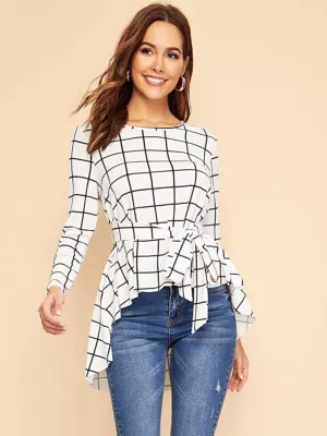 Waist Belted Asymmetrical Hem Grid Top