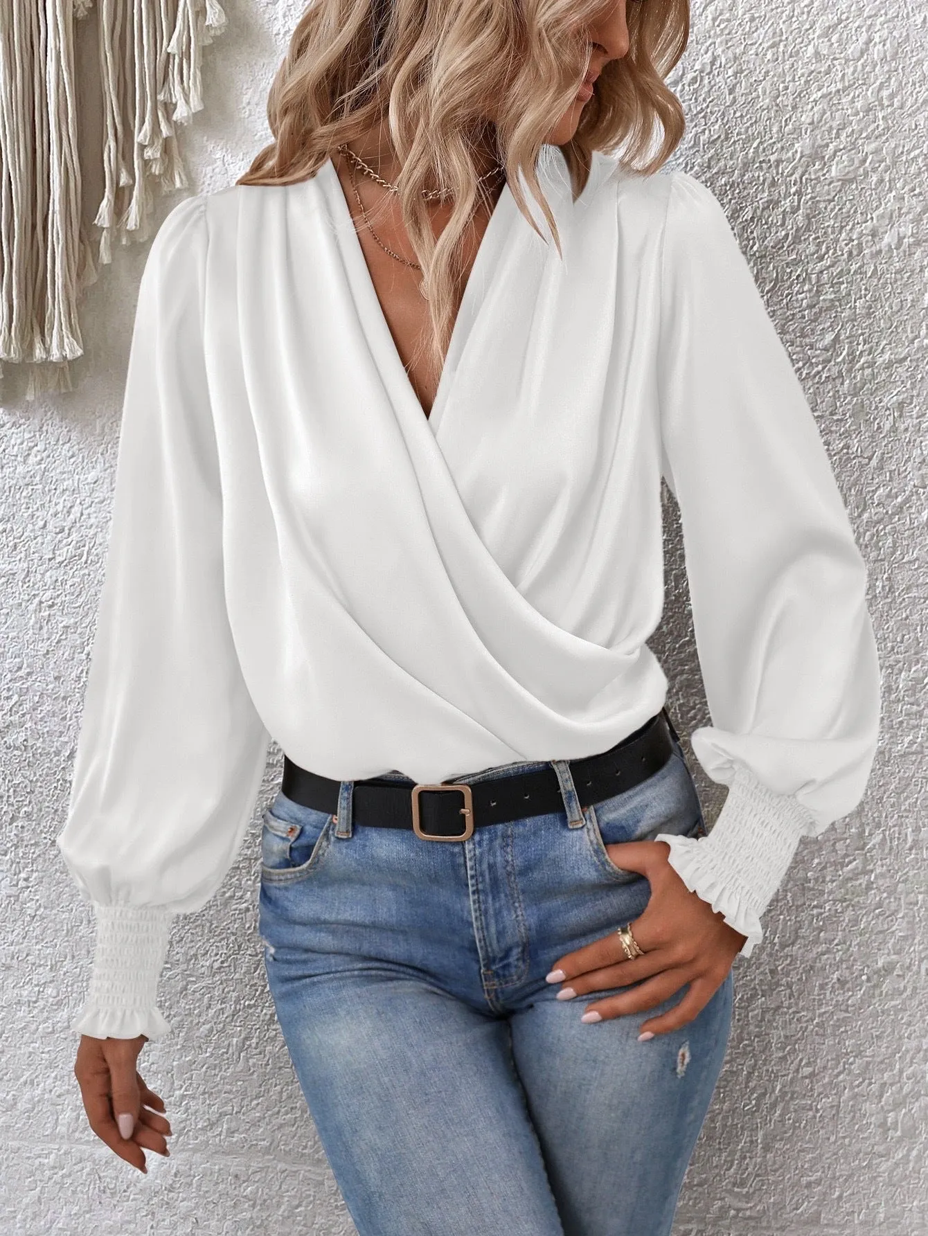 Women Elegant Women V neck Smocking Lantern Sleeve Office Women Solid Color Shirt