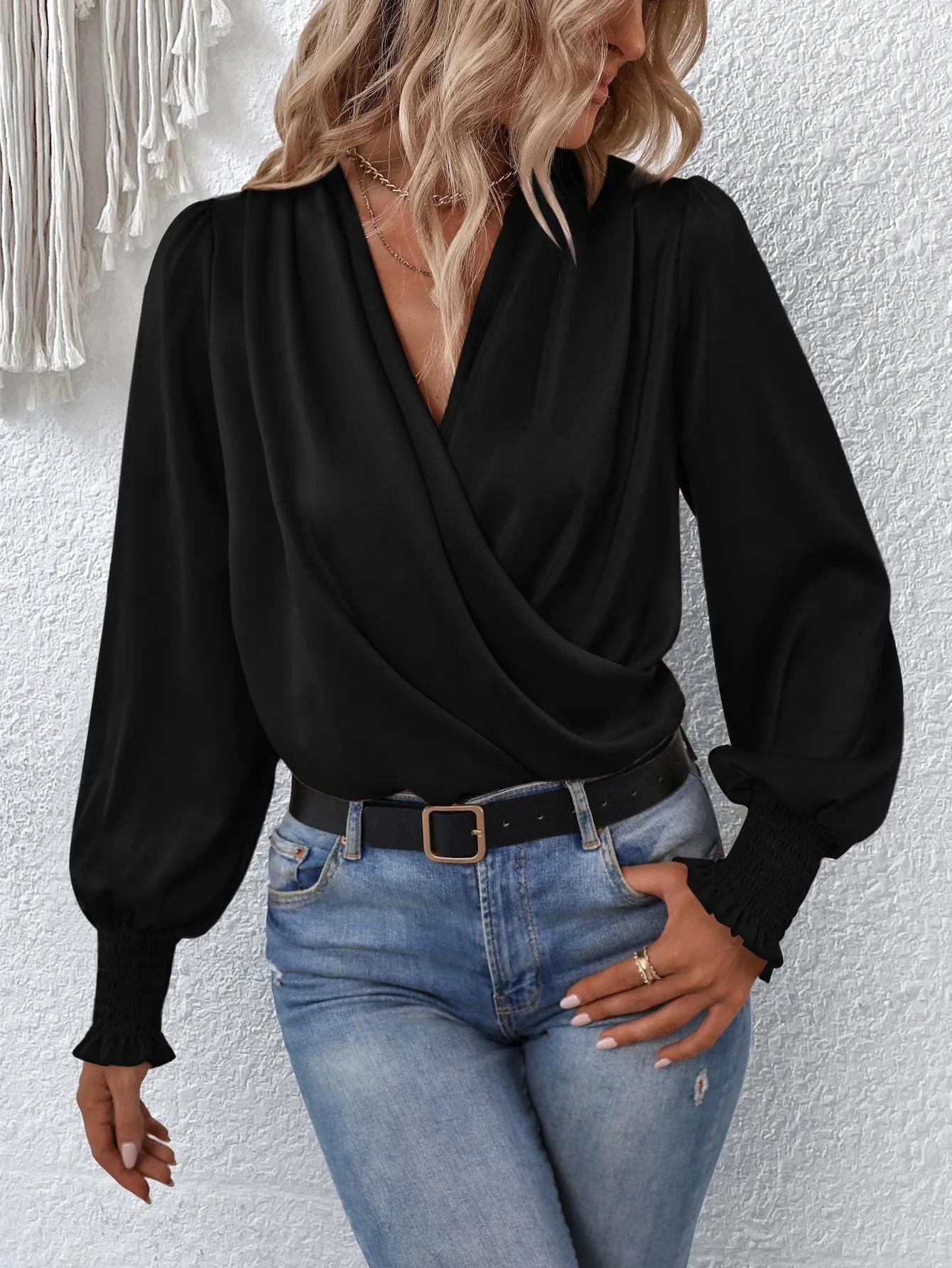 Women Elegant Women V neck Smocking Lantern Sleeve Office Women Solid Color Shirt