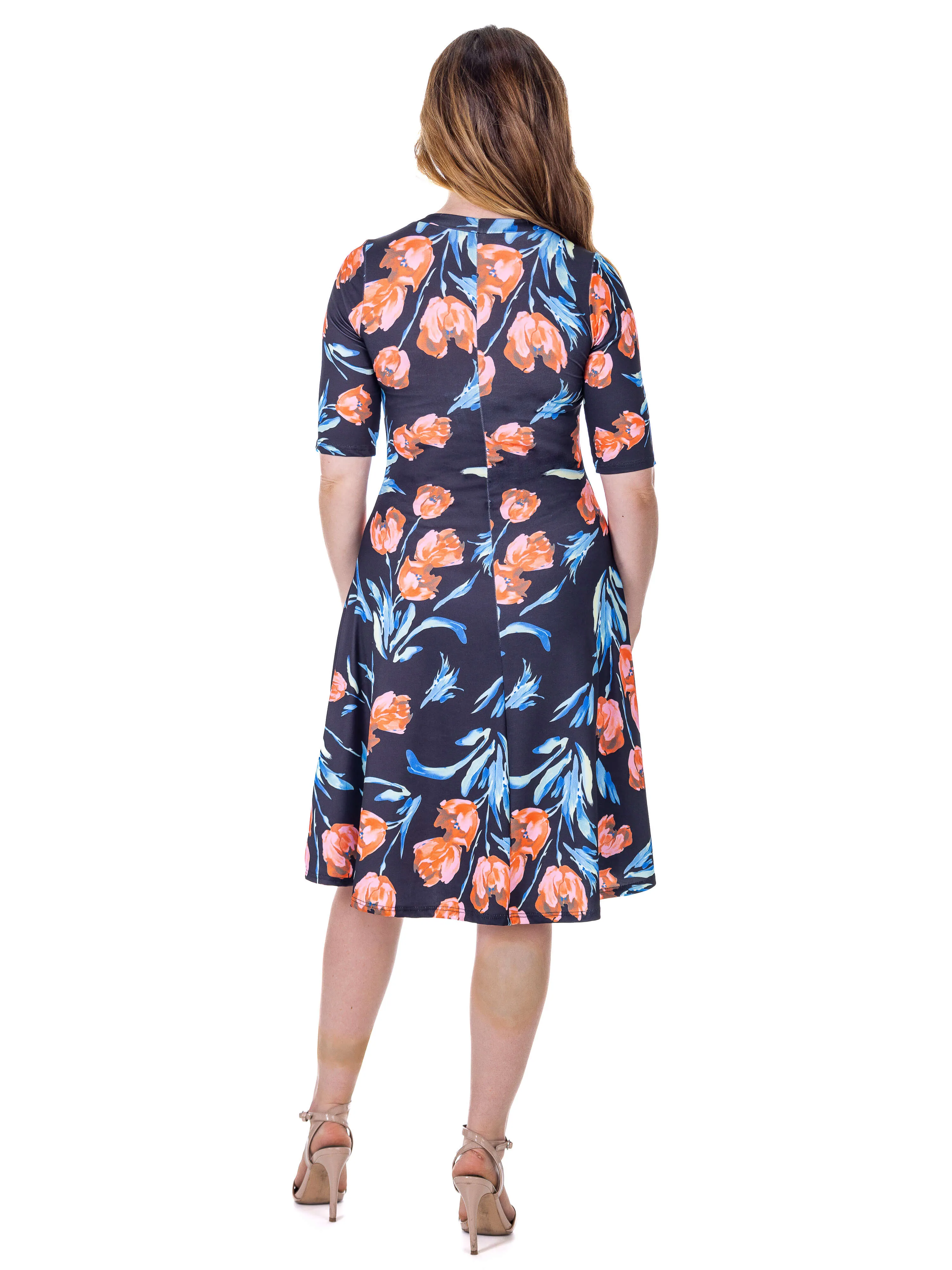 Womens Black Floral Print Elbow Sleeve Knee Length Dress