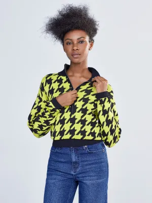 Zip-Front Houndstooth Pullover Sweater